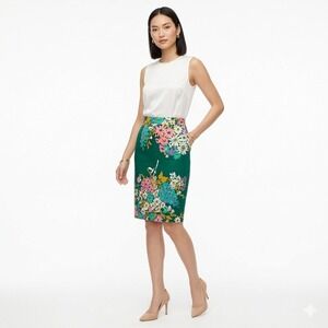Odille Anthropologie Green Floral Cotton Pencil Skirt Women Size 4 Retro Style